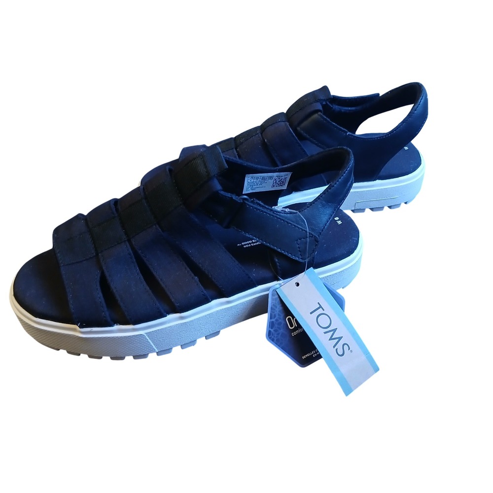 TOMS Fisherman Lug Black Canvas Leather Sandals 10017895 Size 6 Women's NEW